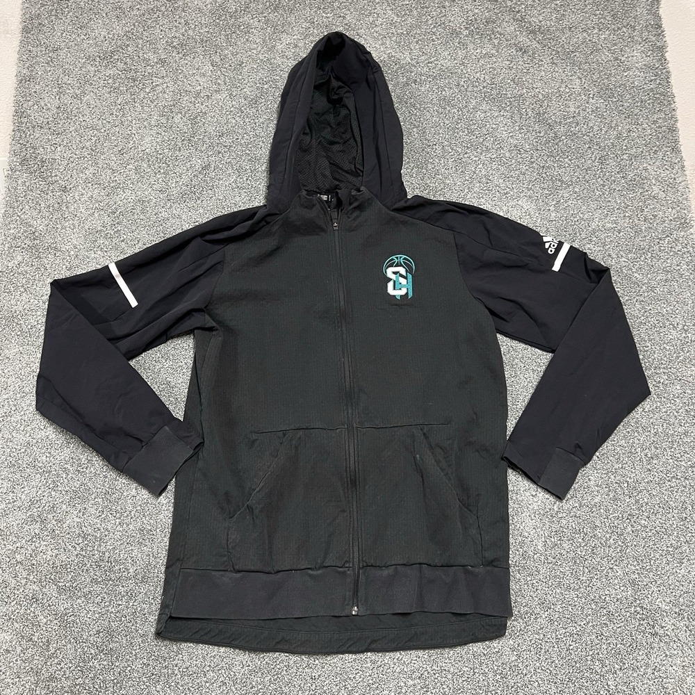 Adidas Mens Large Full Zip Hooded Jacket Black Basketball Athletic Warm Up